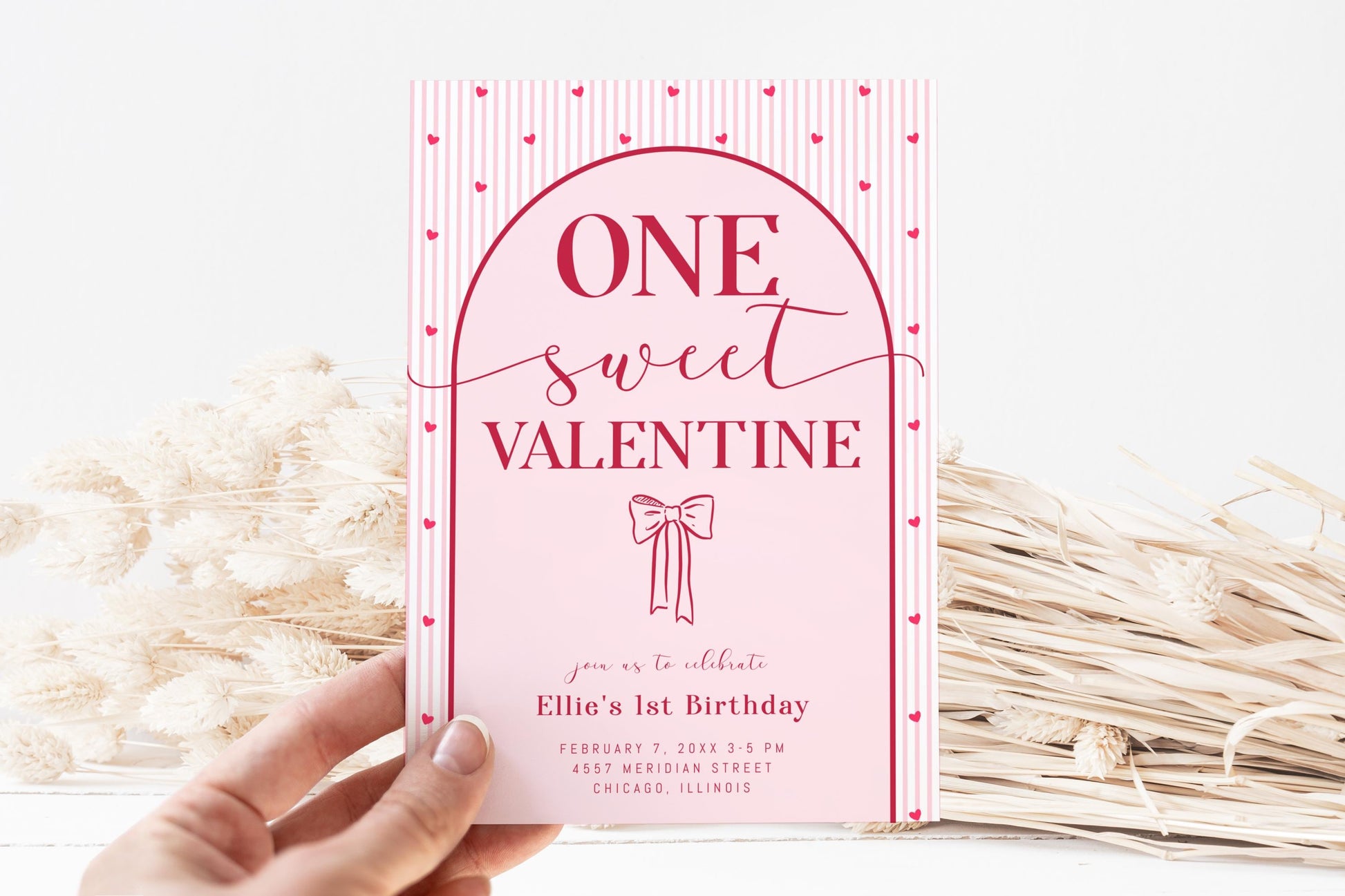 ONE Sweet Valentine First Birthday Invitation - Pink Bow Invite - Hearts 1st Birthday Party Printable - Editable Corjl Template