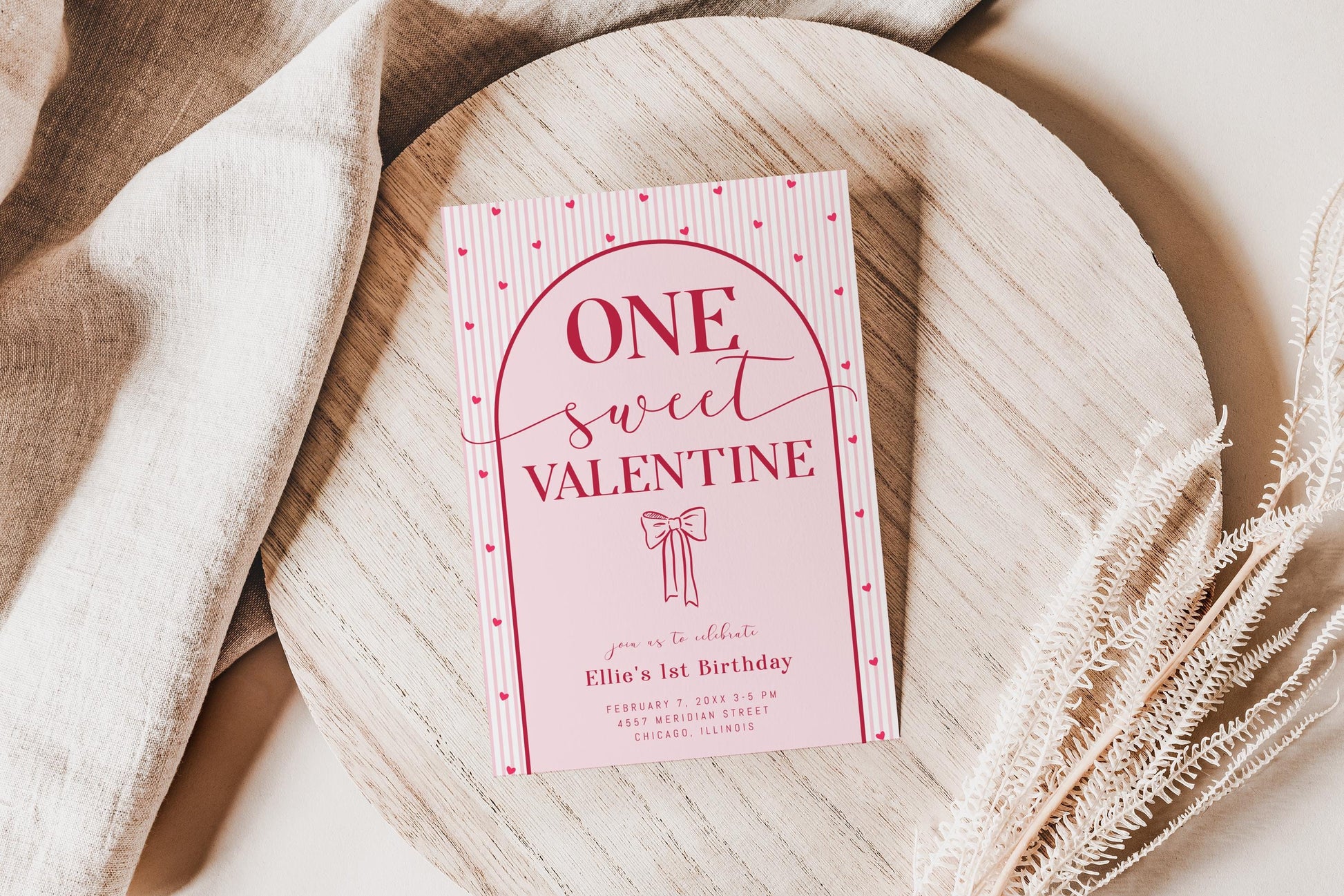 ONE Sweet Valentine First Birthday Invitation - Pink Bow Invite - Hearts 1st Birthday Party Printable - Editable Corjl Template