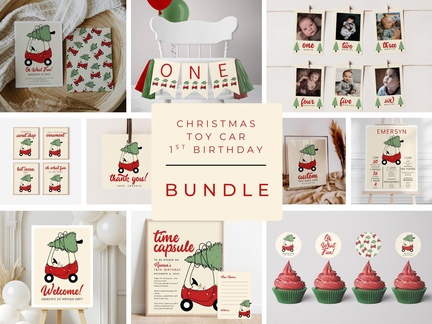 Checkered Christmas Tree Car Birthday Sign - Editable Red Toy Car Party Sign - Oh What Fun First Birthday Party Sign Template