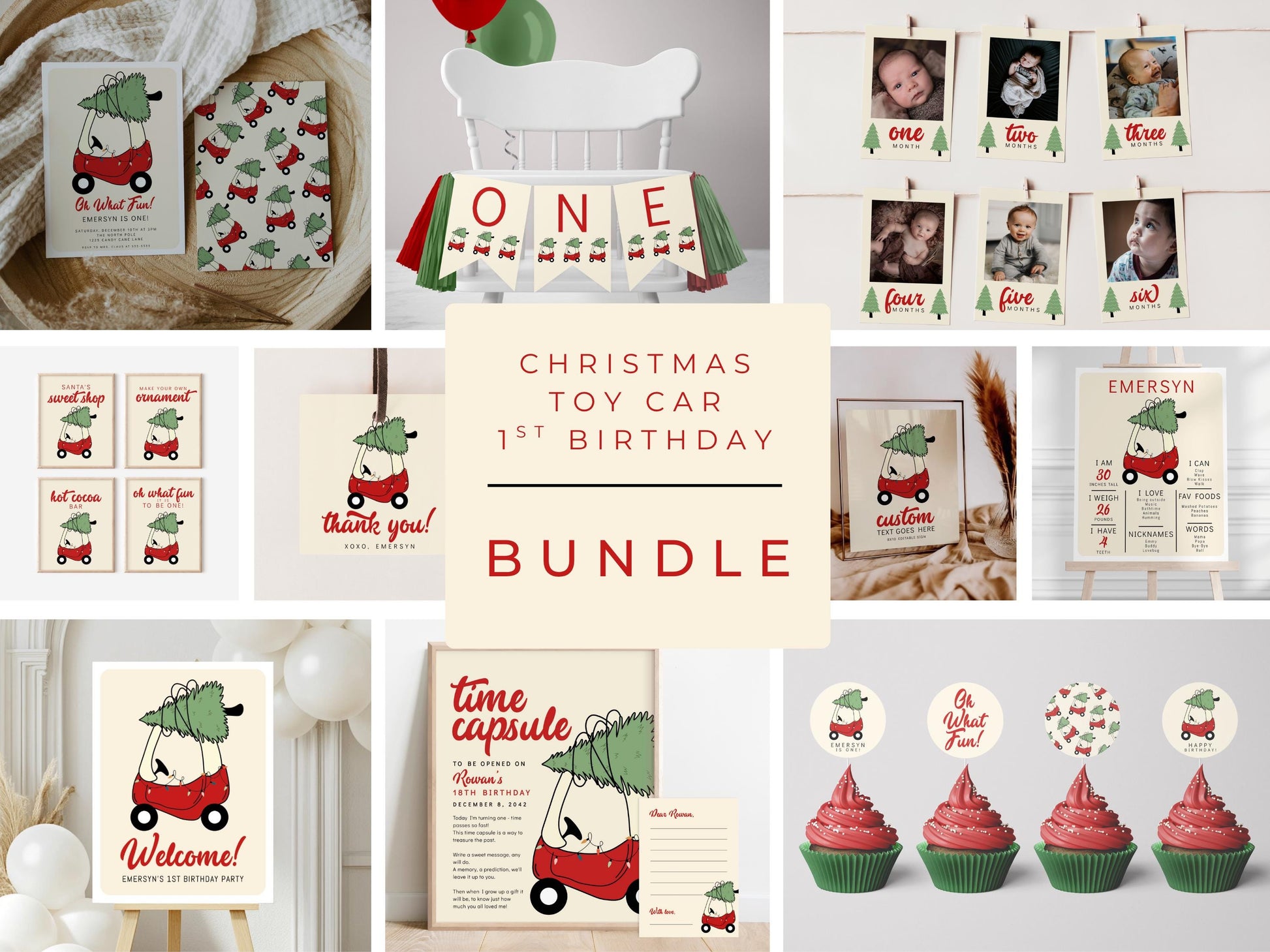 Checkered Christmas Tree Car Birthday Sign - Editable Red Toy Car Party Sign - Oh What Fun First Birthday Party Sign Template