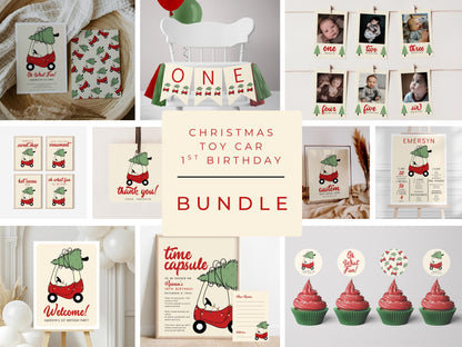 Checkered Christmas Tree Car Birthday Sign - Editable Red Toy Car Party Sign - Oh What Fun First Birthday Party Sign Template