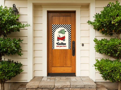 Checkered Christmas Tree Car Birthday Sign - Editable Red Toy Car Party Sign - Oh What Fun First Birthday Party Sign Template