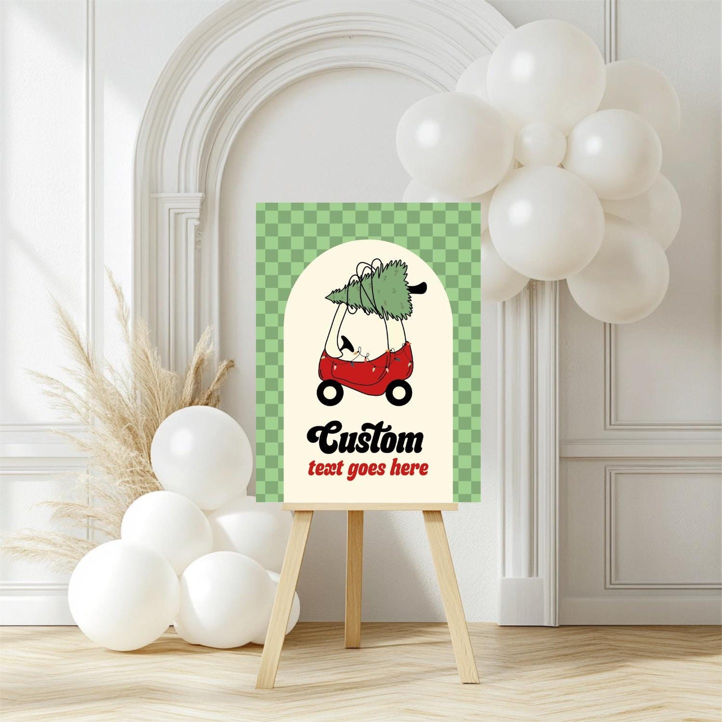 Checkered Christmas Tree Car Birthday Sign - Editable Red Toy Car Party Sign - Oh What Fun First Birthday Party Sign Template