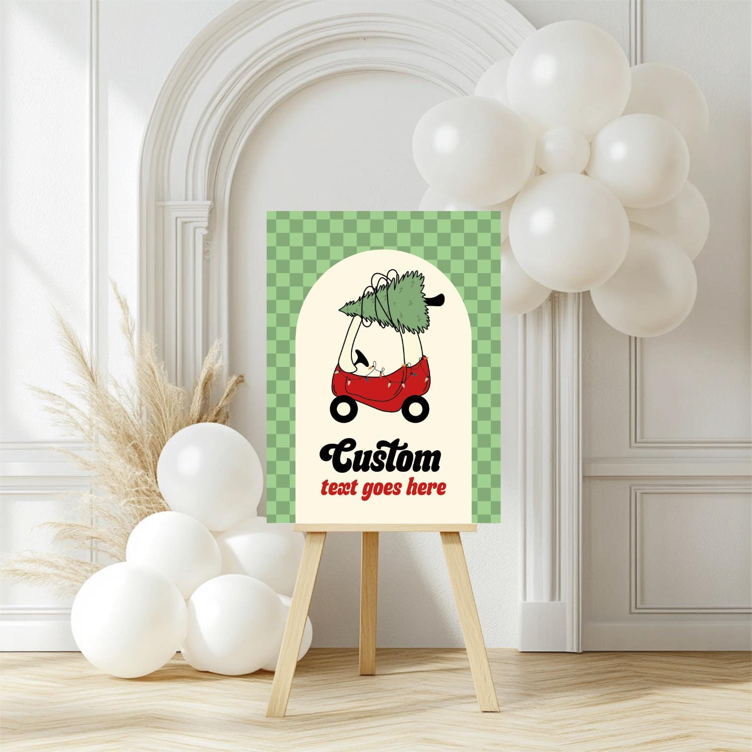 Checkered Christmas Tree Car Birthday Sign - Editable Red Toy Car Party Sign - Oh What Fun First Birthday Party Sign Template
