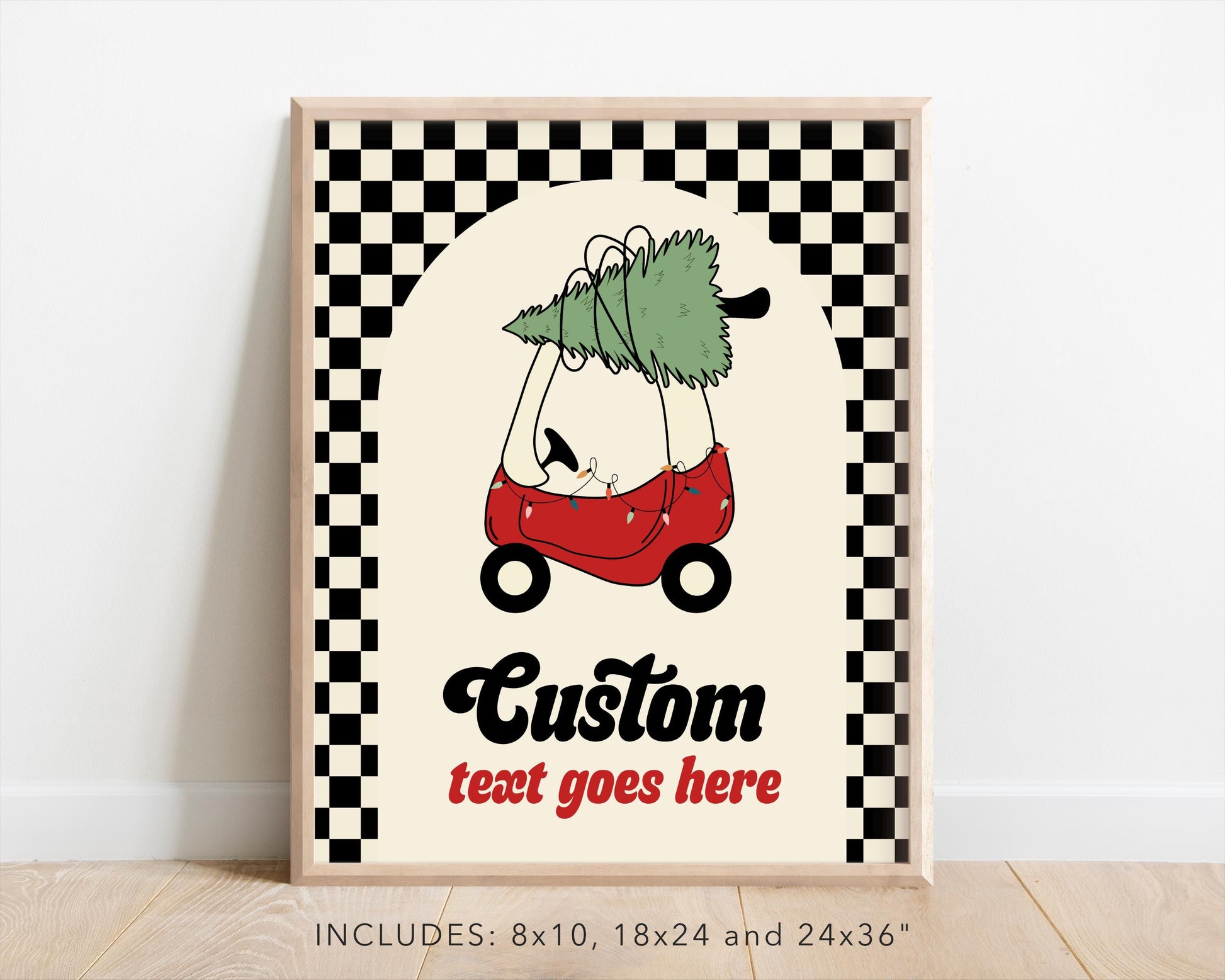 Checkered Christmas Tree Car Birthday Sign - Editable Red Toy Car Party Sign - Oh What Fun First Birthday Party Sign Template