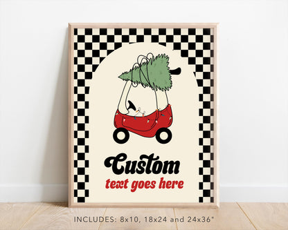 Checkered Christmas Tree Car Birthday Sign - Editable Red Toy Car Party Sign - Oh What Fun First Birthday Party Sign Template