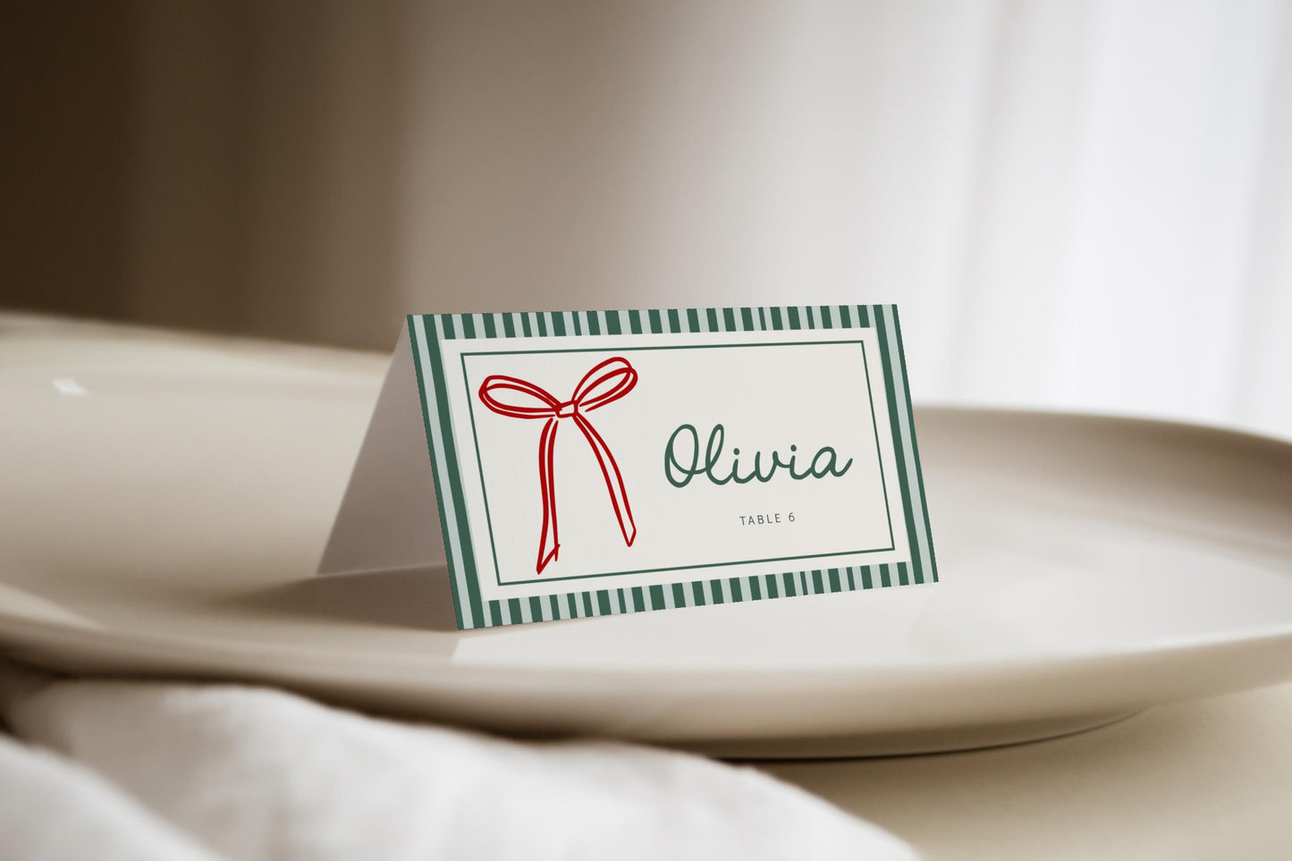 Christmas Red Bow Tent Card, Green Striped Place Cards, Holiday Party Buffet Card, Editable Label Template