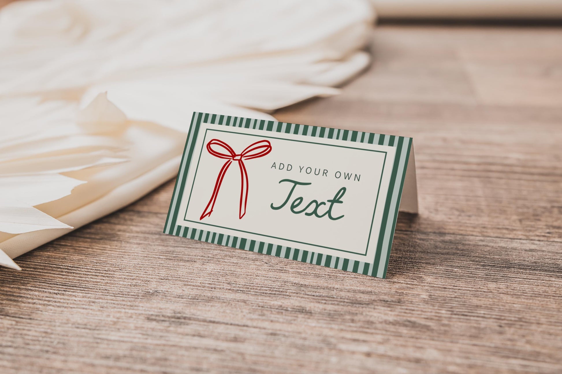 Christmas Red Bow Tent Card, Green Striped Place Cards, Holiday Party Buffet Card, Editable Label Template