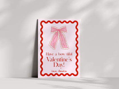 Girly Valentine - Coquette Bow Valentine Card, Editable Template - Cherry Aesthetic School Valentine Card - Printable Valentine for Girls