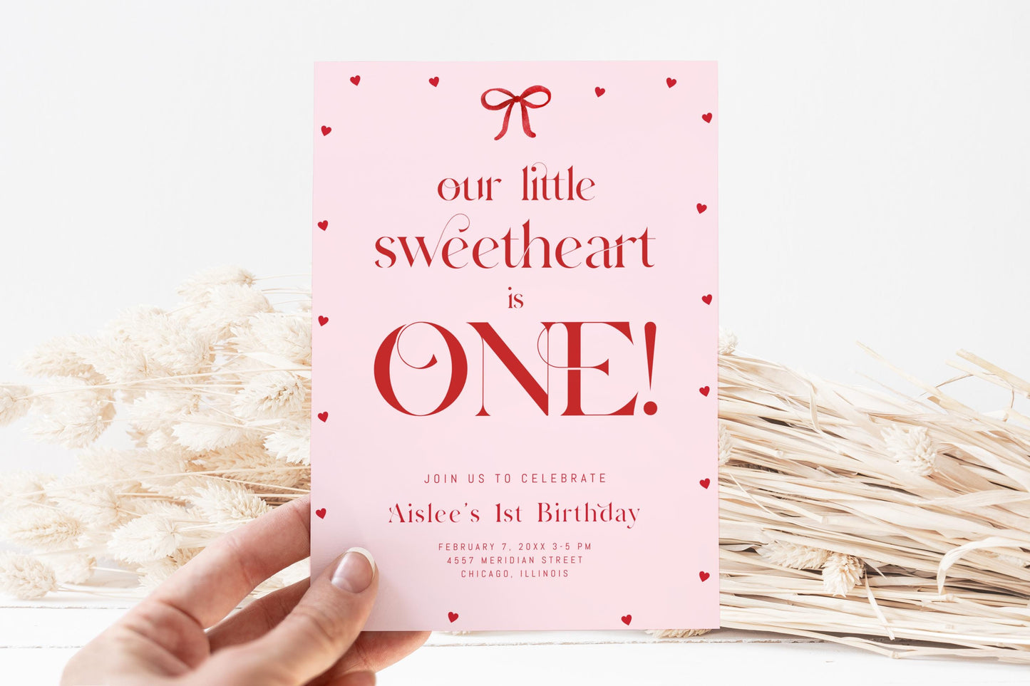 Our Little Sweetheart Is One Invitation, Valentine First Birthday, Pink Red Bow Hearts Invite, Editable Template for Girl 1st Birthday
