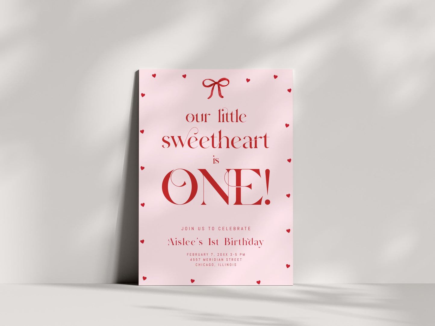 Our Little Sweetheart Is One Invitation, Valentine First Birthday, Pink Red Bow Hearts Invite, Editable Template for Girl 1st Birthday
