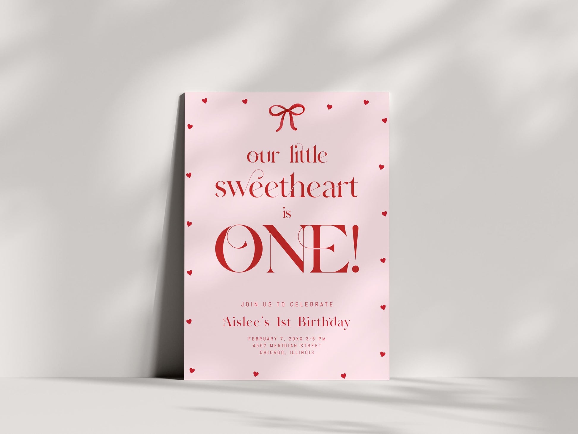 Our Little Sweetheart Is One Invitation, Valentine First Birthday, Pink Red Bow Hearts Invite, Editable Template for Girl 1st Birthday