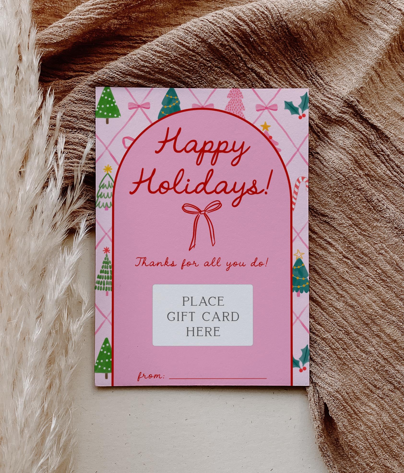 Pink Bow Christmas Gift Card Holder - Printable Holiday Card (Instant Download) - Girl Christmas Present - Teacher Gift