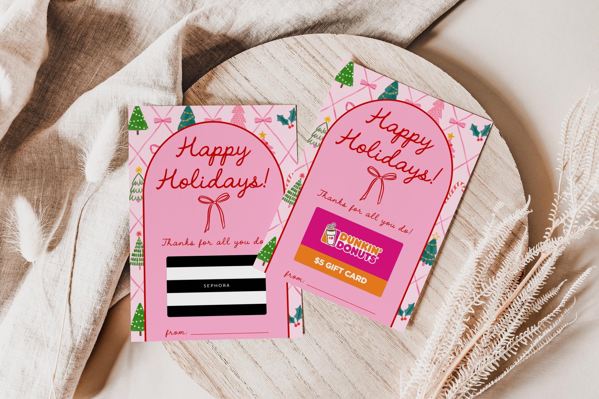 Pink Bow Christmas Gift Card Holder - Printable Holiday Card (Instant Download) - Girl Christmas Present - Teacher Gift