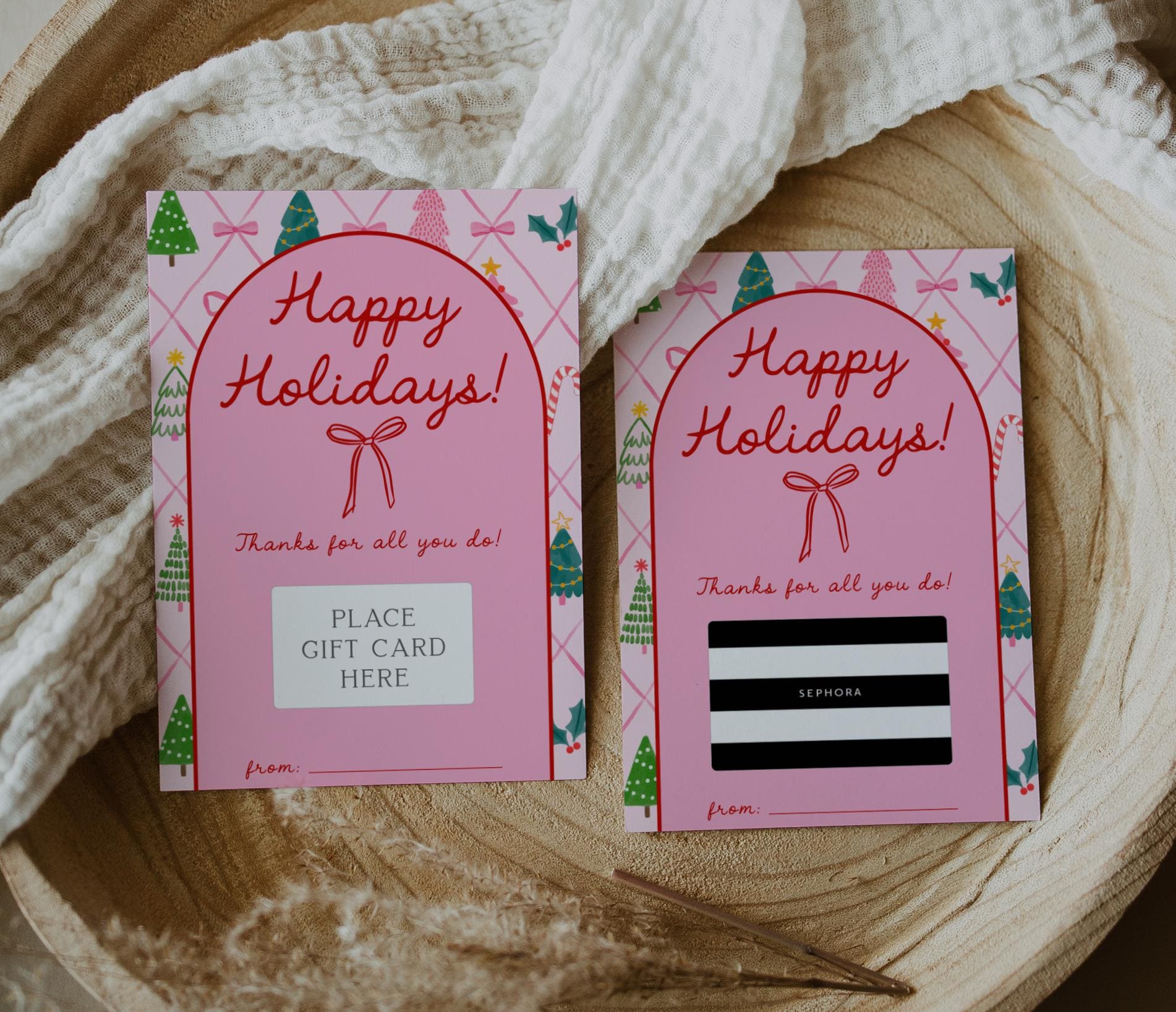 Pink Bow Christmas Gift Card Holder - Printable Holiday Card (Instant Download) - Girl Christmas Present - Teacher Gift