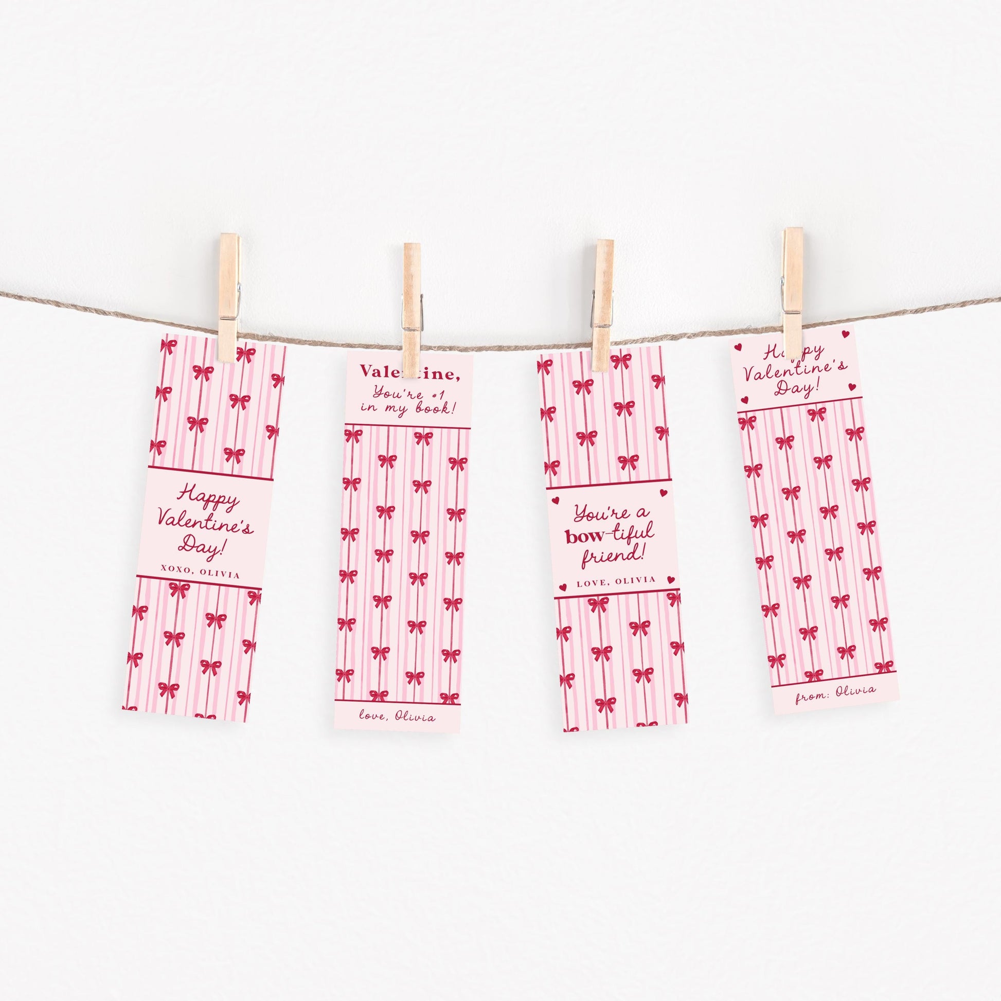 Bow Valentine Bookmark Printable, Coquette Classroom Valentines, Pink Bow Valentine Card, Editable Valentine Exchange for Girls