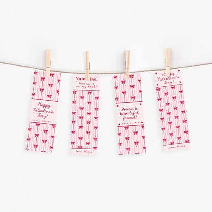 Bow Valentine Bookmark Printable, Coquette Classroom Valentines, Pink Bow Valentine Card, Editable Valentine Exchange for Girls
