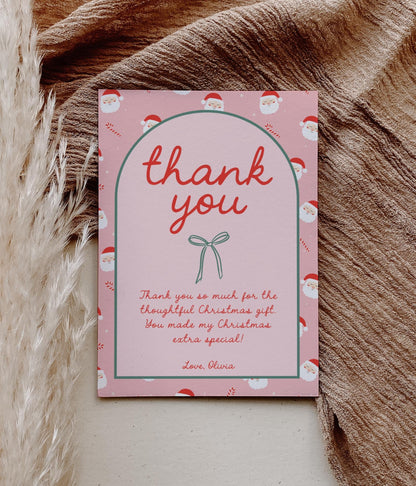 Editable Christmas Thank You Card - Pink Red Bow - Personalized - DIY Template - EDIT YOURSELF