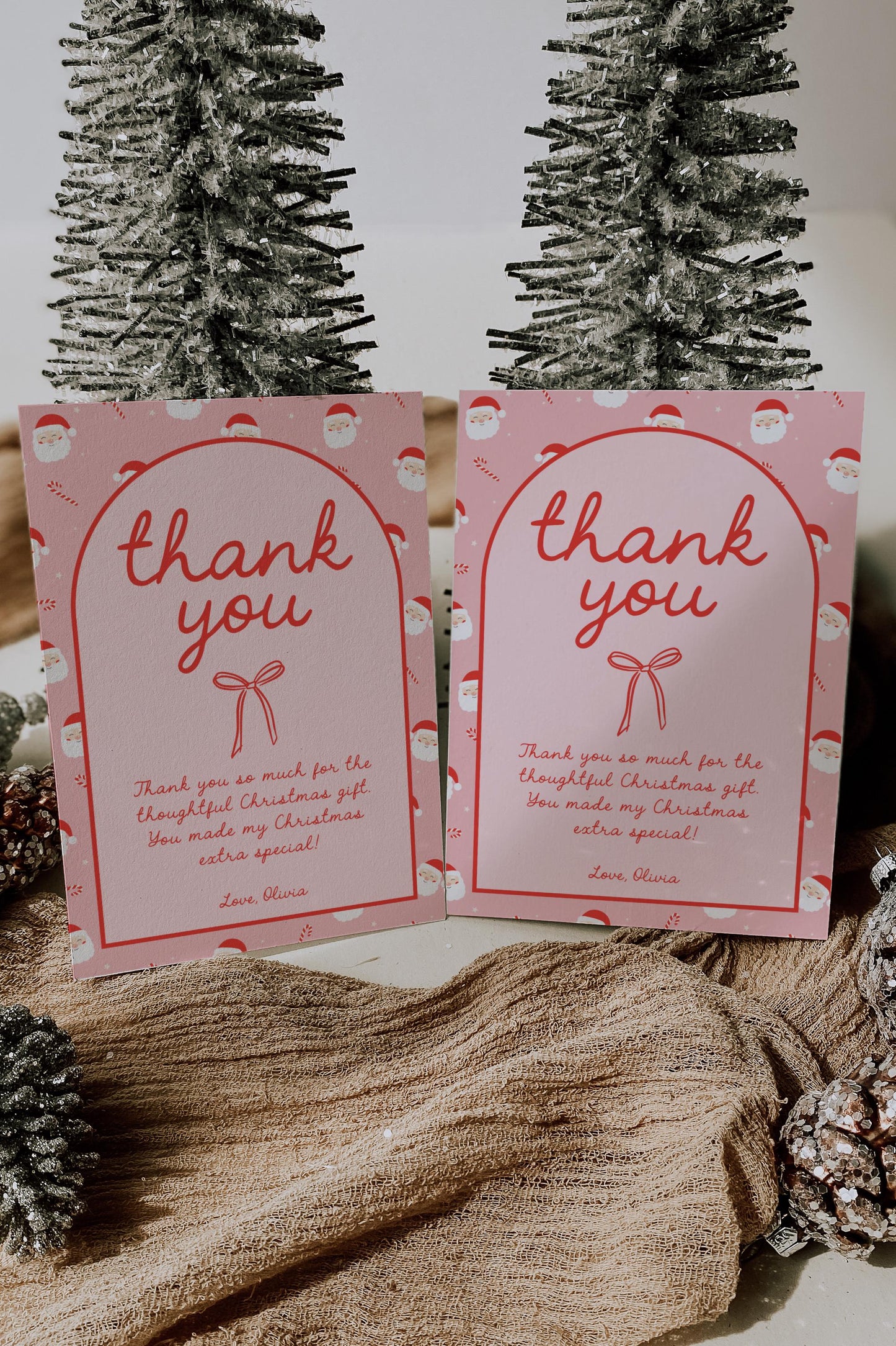 Editable Christmas Thank You Card - Pink Red Bow - Personalized - DIY Template - EDIT YOURSELF