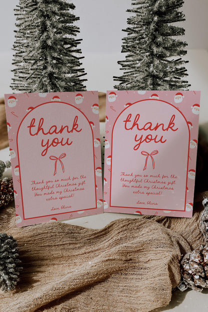 Editable Christmas Thank You Card - Pink Red Bow - Personalized - DIY Template - EDIT YOURSELF
