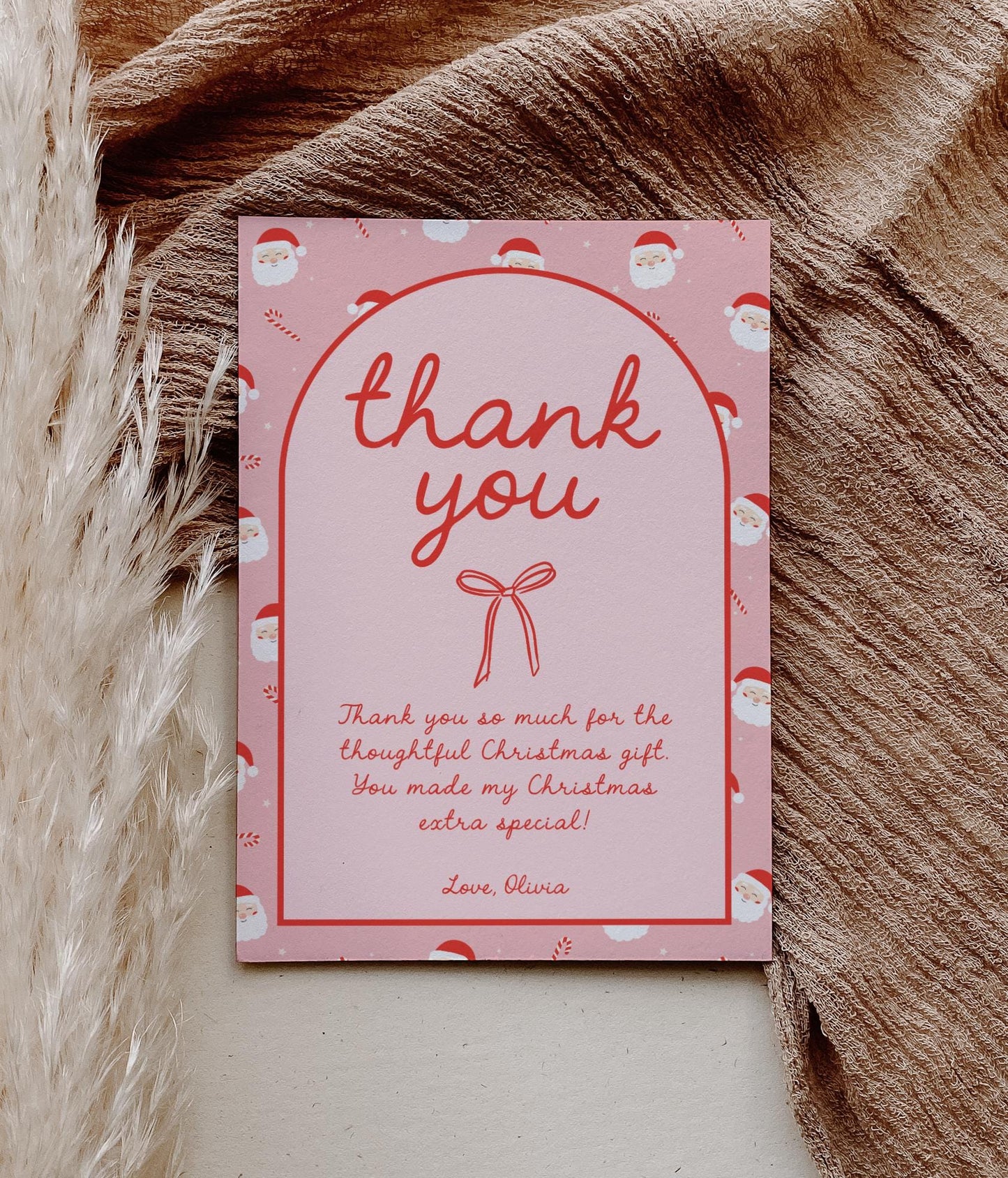 Editable Christmas Thank You Card - Pink Red Bow - Personalized - DIY Template - EDIT YOURSELF