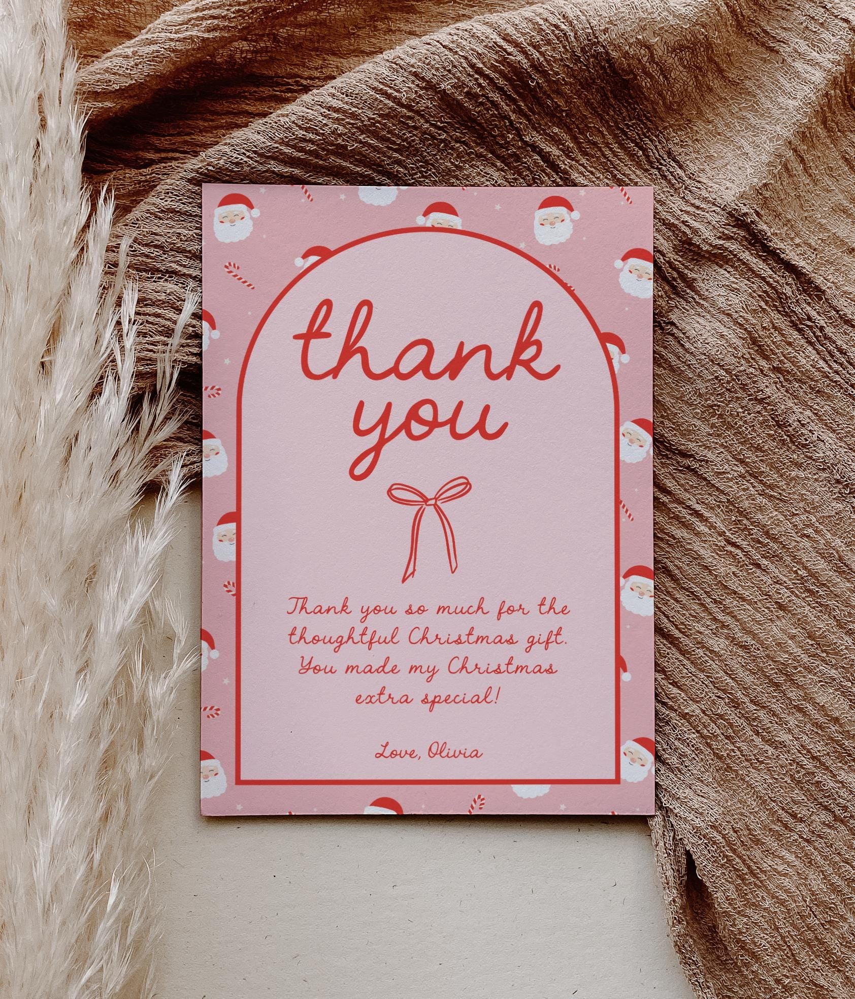 Editable Christmas Thank You Card - Pink Red Bow - Personalized - DIY Template - EDIT YOURSELF