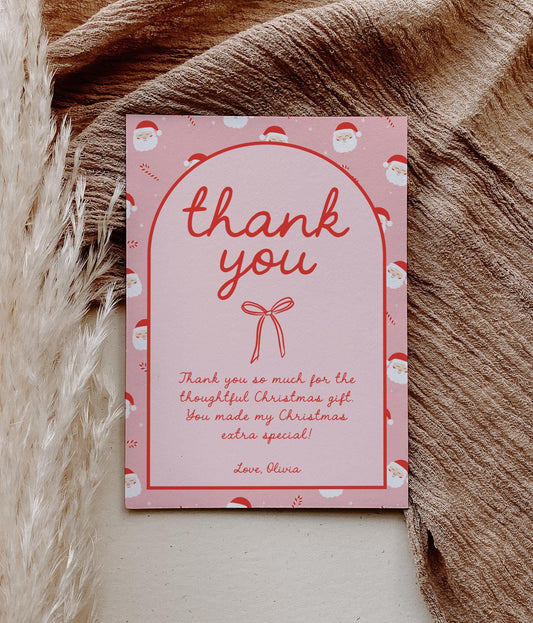 Editable Christmas Thank You Card - Pink Red Bow - Personalized - DIY Template - EDIT YOURSELF