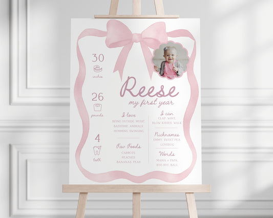 Pink Bow Milestone Board - 1st Birthday Stats Poster - My First Year Sign - Girl First Birthday Party - EDITABLE Template