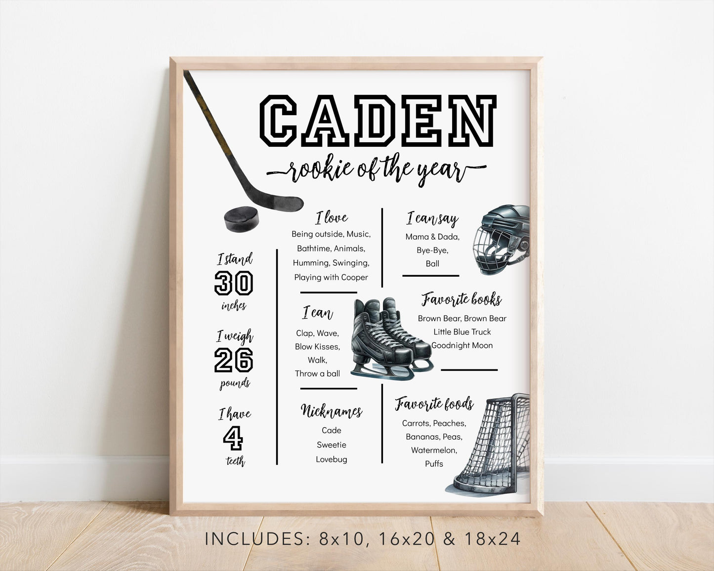 Hockey Milestone Board - 1st Birthday Stats Poster - Ice Hockey Rookie of the Year Sign - Editable Template