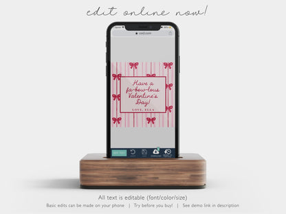 Bow Valentine Tag Editable Template | Punny Valentine Classroom Candy Bag Sticker | Pencil Coquette Valentine