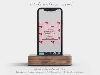 Coquette Bow Valentine Card Editable Template | Personalized Valentine Popcorn Bag Tag or Sticker Printable