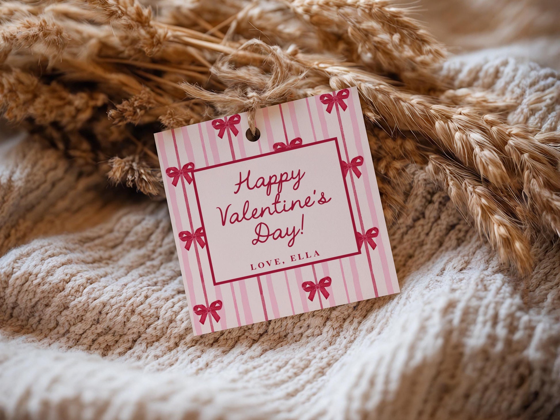 Coquette Bow Valentine Card Editable Template | Personalized Valentine Popcorn Bag Tag or Sticker Printable