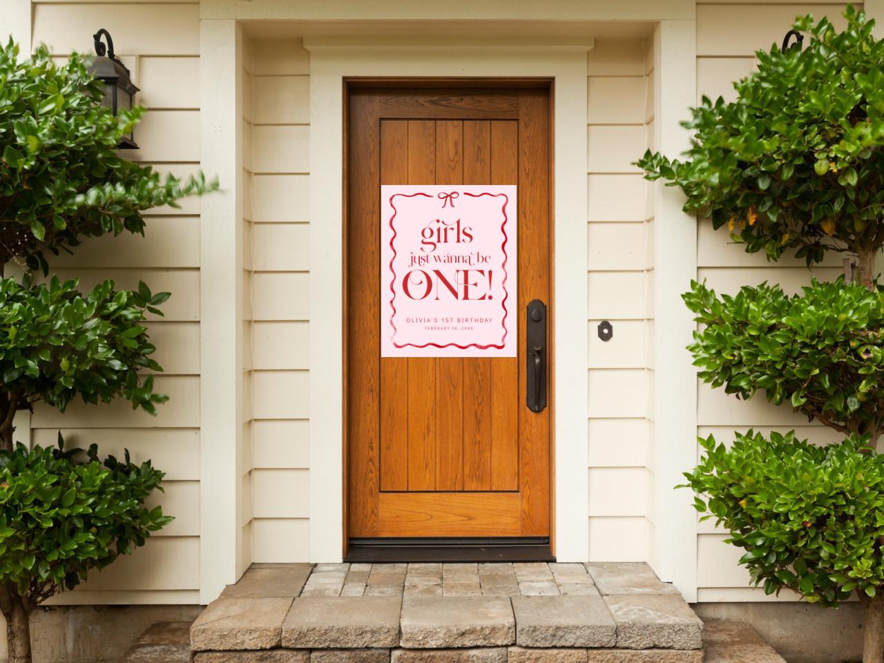 Girls Just Wanna Be ONE Welcome Sign, Pink Bow First Birthday, Girl 1st Birthday Welcome Poster, Editable Template, Blush Red Bow Decor