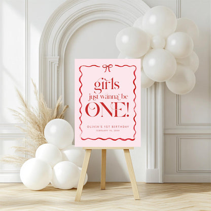 Editable Girls Just Wanna Be ONE Photo Banner, 12 Month Pink Bow First Birthday Decor