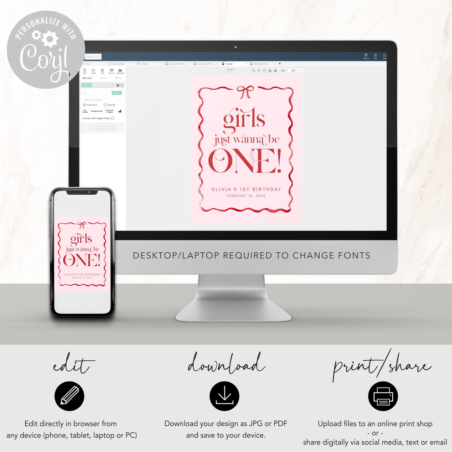 Girls Just Wanna Be ONE Welcome Sign, Pink Bow First Birthday, Girl 1st Birthday Welcome Poster, Editable Template, Blush Red Bow Decor