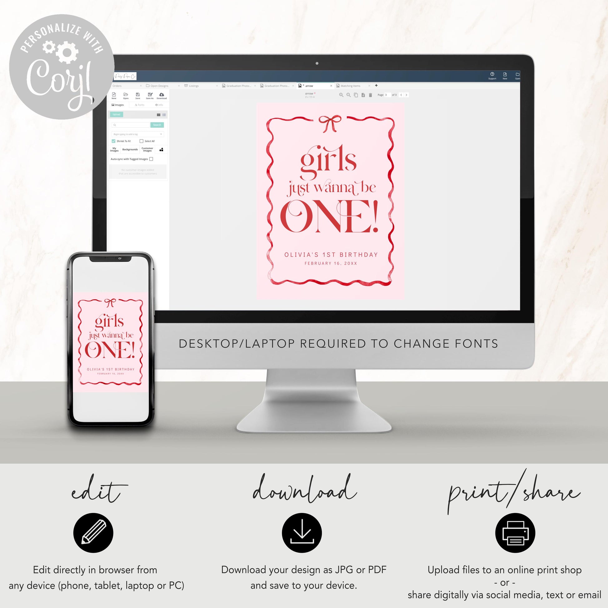 Girls Just Wanna Be ONE Welcome Sign, Pink Bow First Birthday, Girl 1st Birthday Welcome Poster, Editable Template, Blush Red Bow Decor