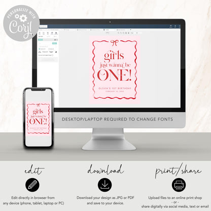 Girls Just Wanna Be ONE Welcome Sign, Pink Bow First Birthday, Girl 1st Birthday Welcome Poster, Editable Template, Blush Red Bow Decor