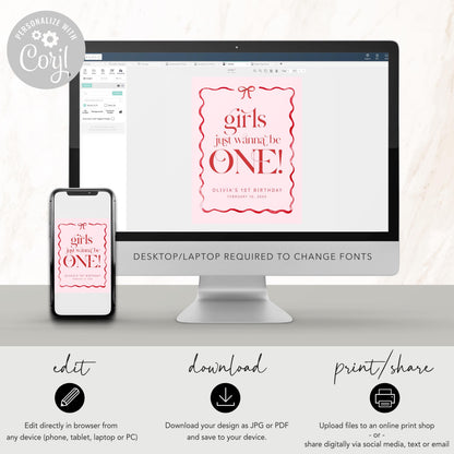Girls Just Wanna Be One Party Sign Template, Pink and Red Bow, Editable 8x10, First Birthday Custom Table Sign