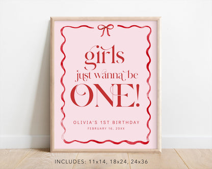 Girls Just Wanna Be ONE Welcome Sign, Pink Bow First Birthday, Girl 1st Birthday Welcome Poster, Editable Template, Blush Red Bow Decor