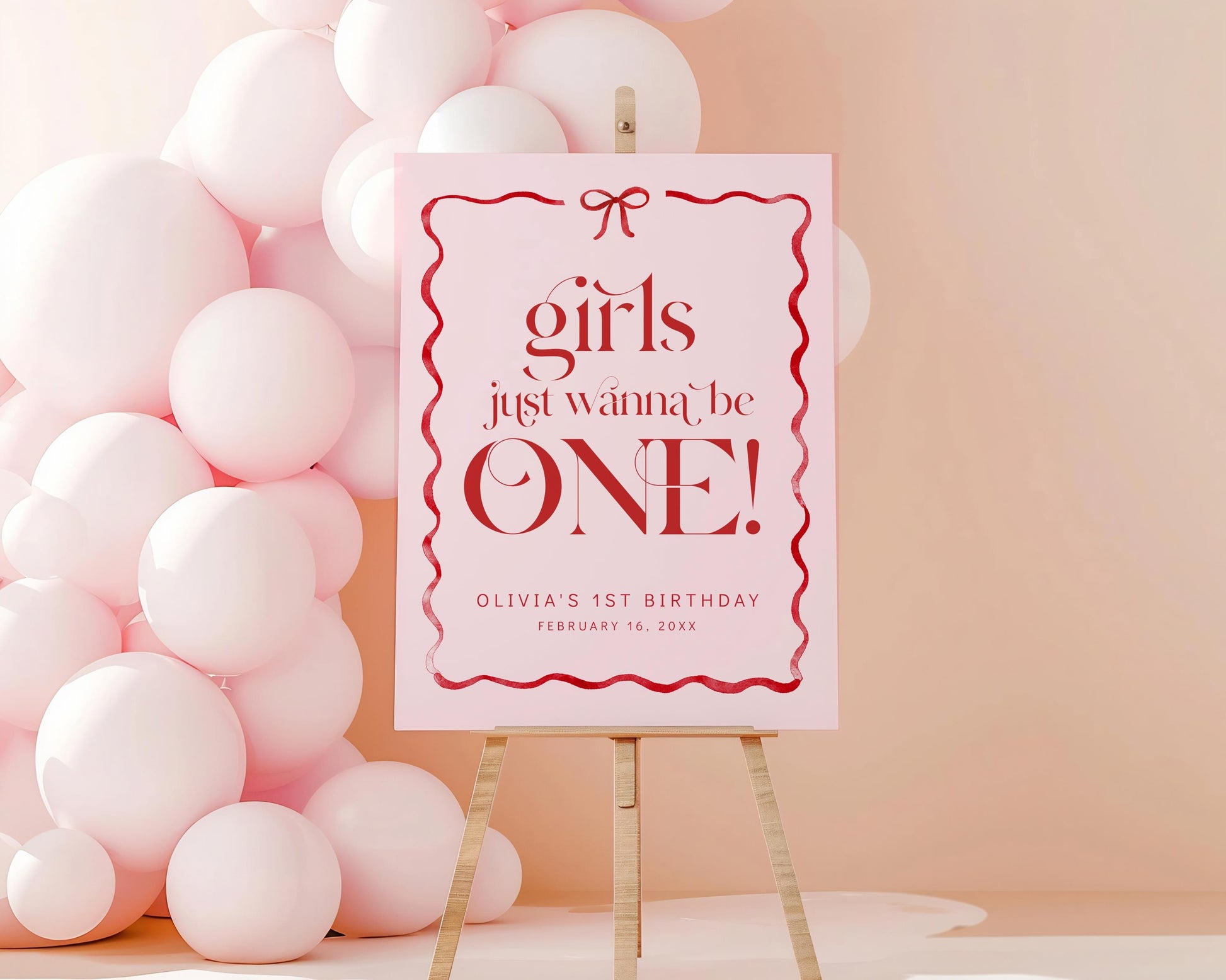 Girls Just Wanna Be ONE Welcome Sign, Pink Bow First Birthday, Girl 1st Birthday Welcome Poster, Editable Template, Blush Red Bow Decor
