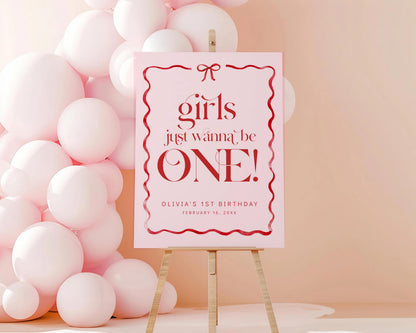 Girls Just Wanna Be ONE Welcome Sign, Pink Bow First Birthday, Girl 1st Birthday Welcome Poster, Editable Template, Blush Red Bow Decor