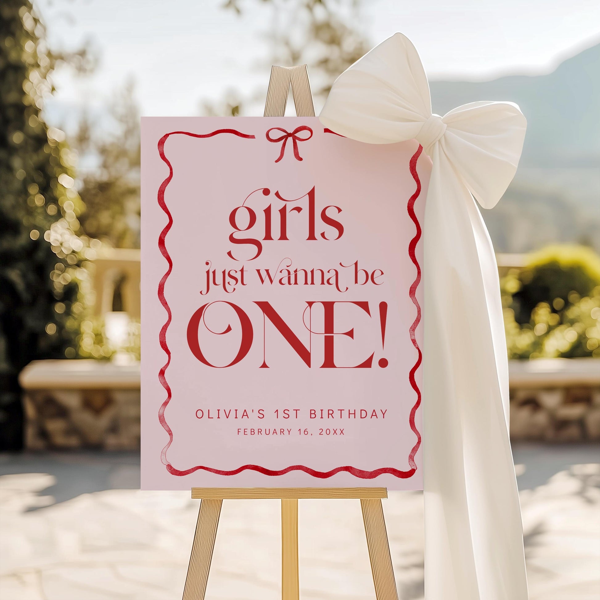 Girls Just Wanna Be ONE Welcome Sign, Pink Bow First Birthday, Girl 1st Birthday Welcome Poster, Editable Template, Blush Red Bow Decor