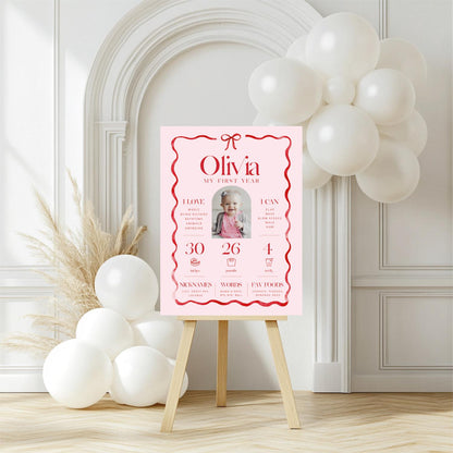 Girls Just Wanna Be ONE Milestone Board, Pink Bow First Birthday Stats Poster, My First Year Editable Sign Template
