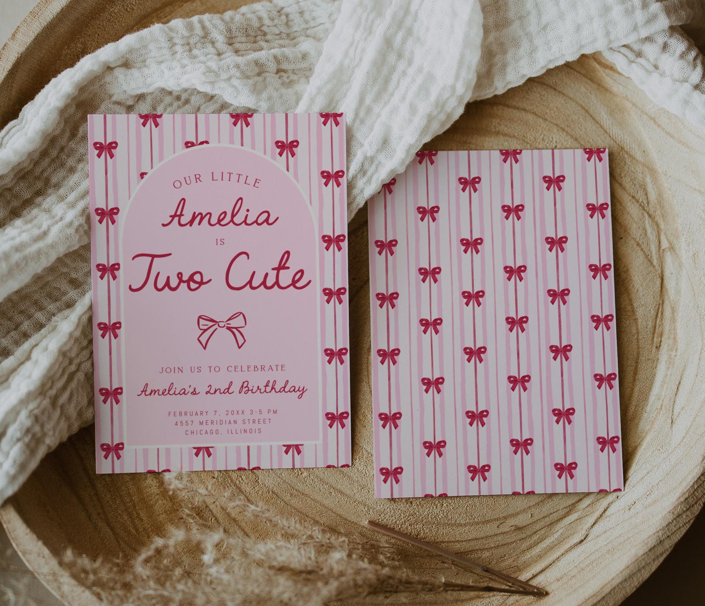 Two Cute Birthday Invitation, Pink Red Bow Birthday Invite, Girl 2nd Birthday, Coquette Party Invite, Editable Corjl Template