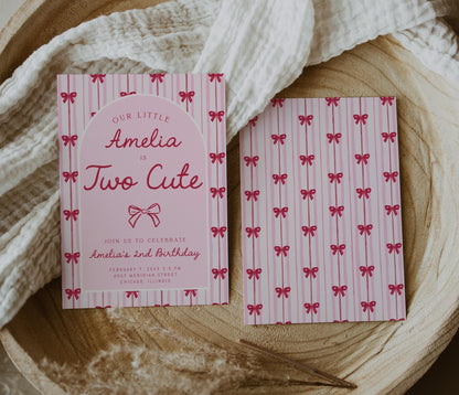 Two Cute Birthday Invitation, Pink Red Bow Birthday Invite, Girl 2nd Birthday, Coquette Party Invite, Editable Corjl Template