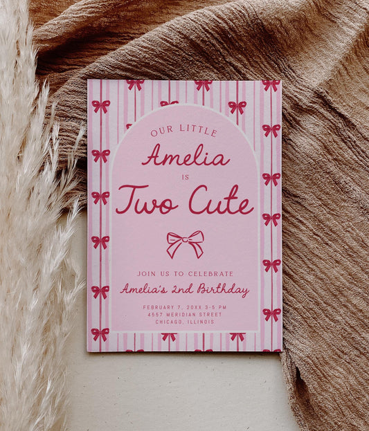 Two Cute birthday invitation with pink striped background, red bows, and elegant typography for a girl’s second birthday party.