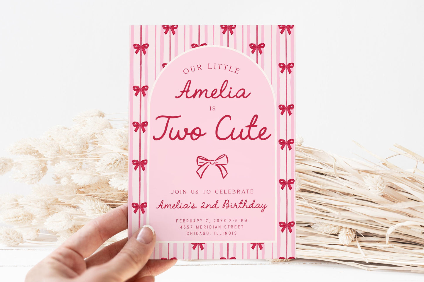 Two Cute Birthday Invitation, Pink Red Bow Birthday Invite, Girl 2nd Birthday, Coquette Party Invite, Editable Corjl Template
