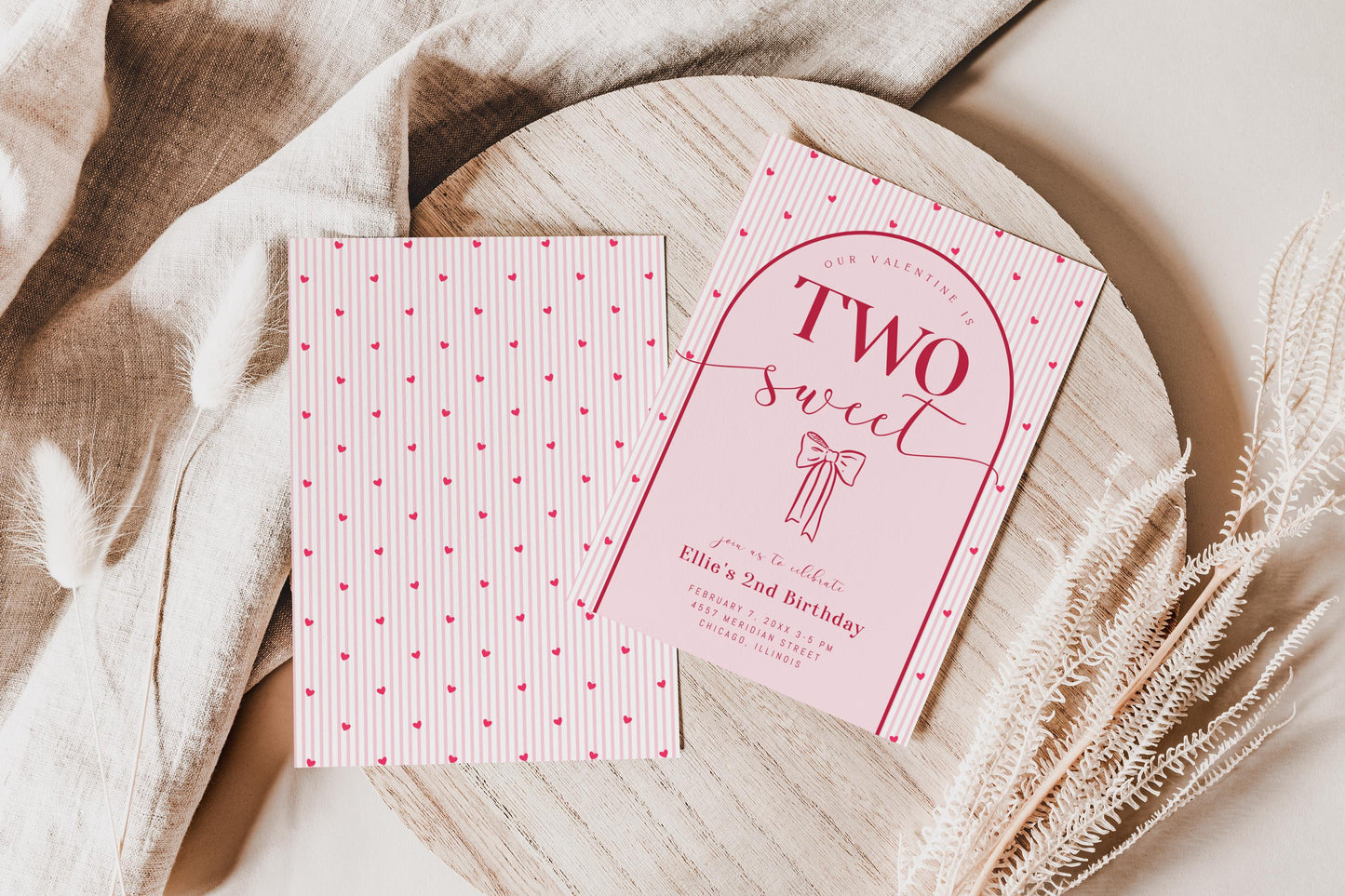 TWO Sweet Valentine Birthday Invitation - Pink Bow Invite - Hearts 2nd Birthday Party Printable - Editable Corjl Template