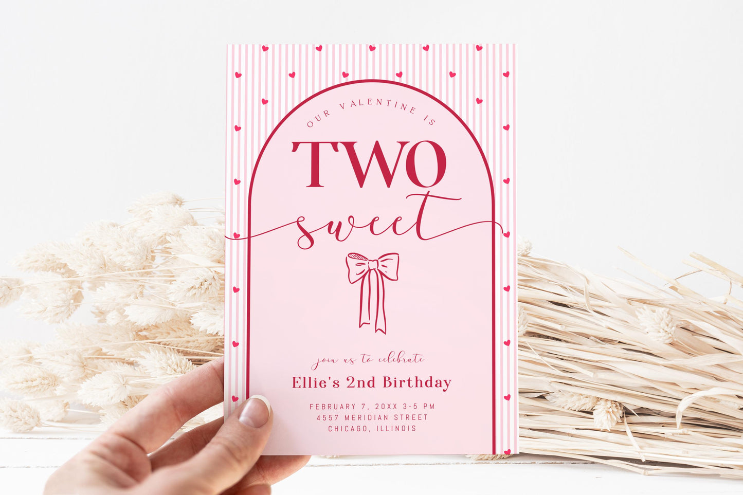 TWO Sweet Valentine Birthday Invitation - Pink Bow Invite - Hearts 2nd Birthday Party Printable - Editable Corjl Template