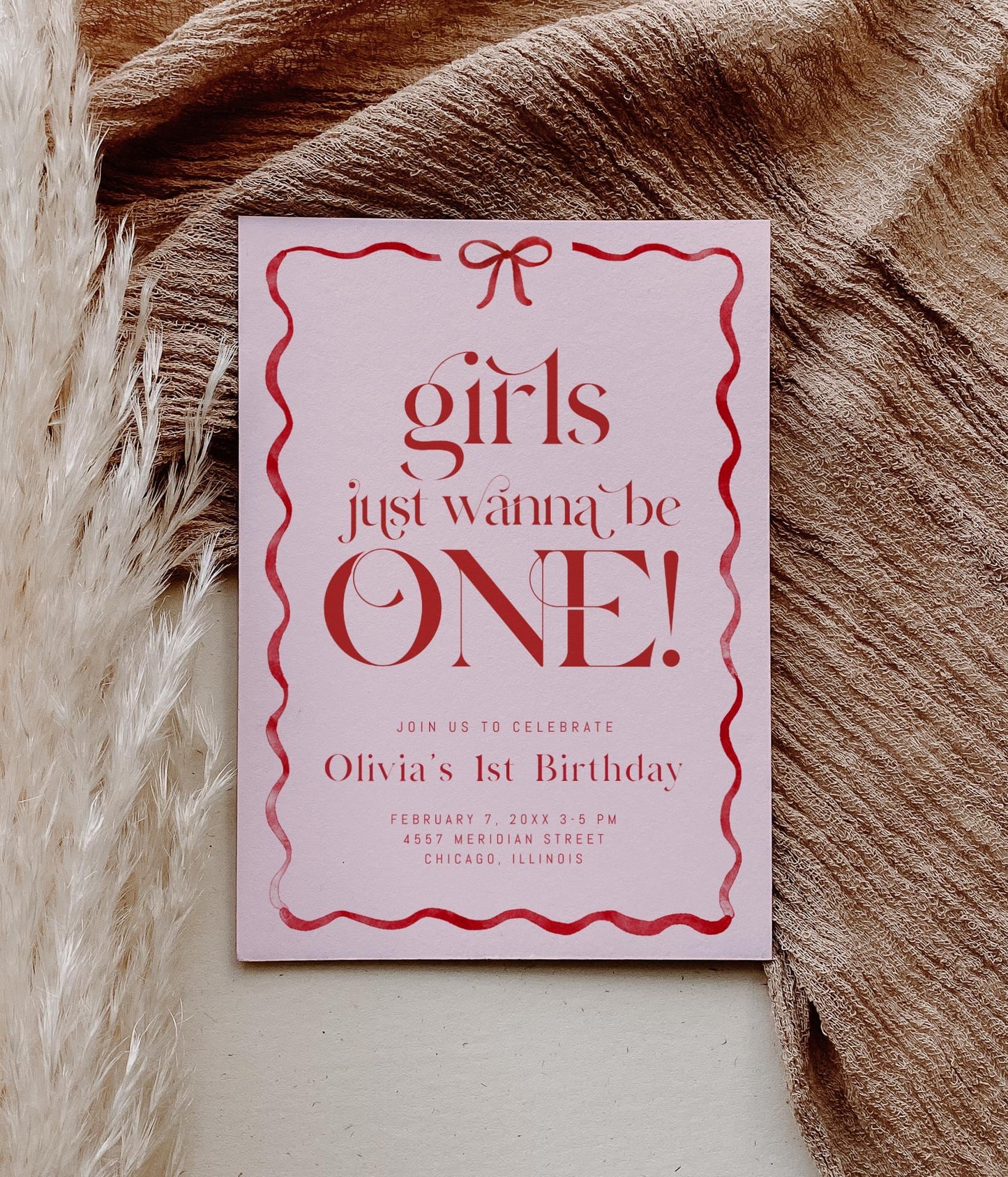 Girls Just Wanna Be ONE 1st Birthday Invitation, Editable Girl First Birthday Invite, Pink Red Bow Theme Printable Party